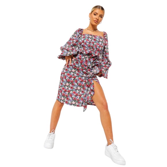 NWOT Boohoo Ruffle Waist Floral Midi Dress Size 14 - Picture 3 of 8